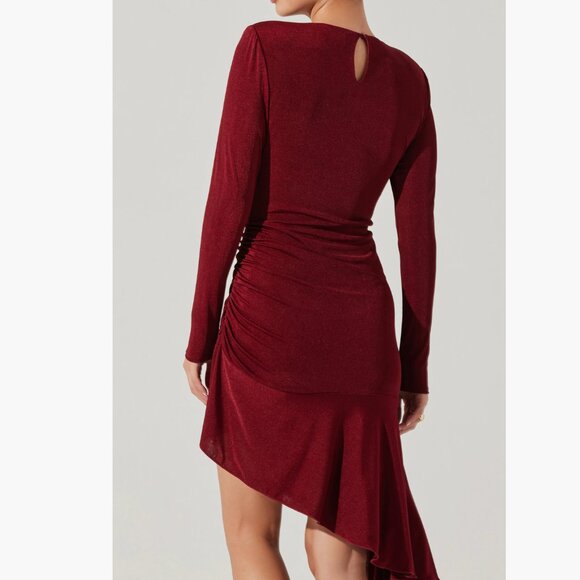 NWT ASTR the Label Metallic Long Sleeve Asymmetric Hem Minidress Large, WINE - Picture 6 of 7
